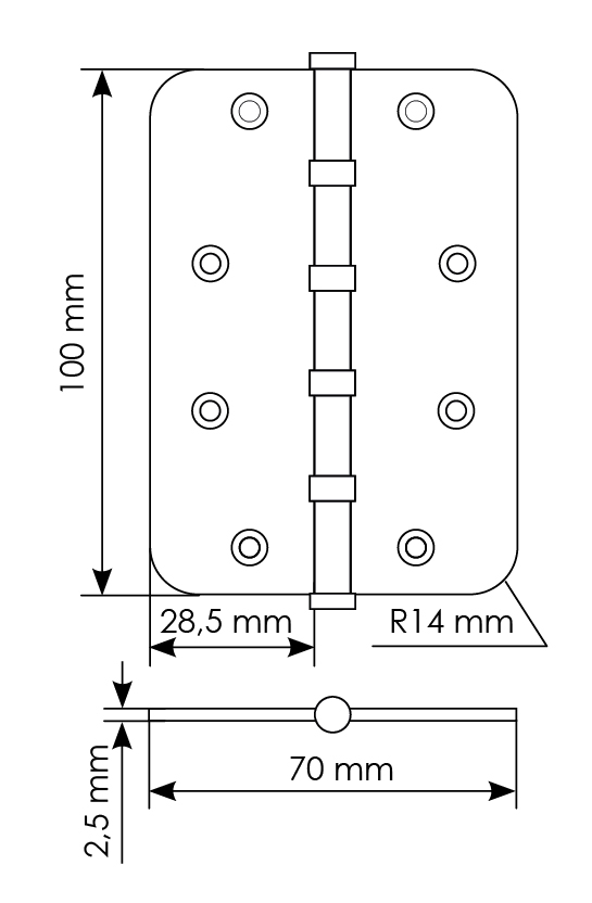 Петля стальная MSN-C 100X70X2.5-4BB SN скругленная универсальная с подшипником, вес полотна до 40 кг, цвет белый никель фото купить в Краснодаре